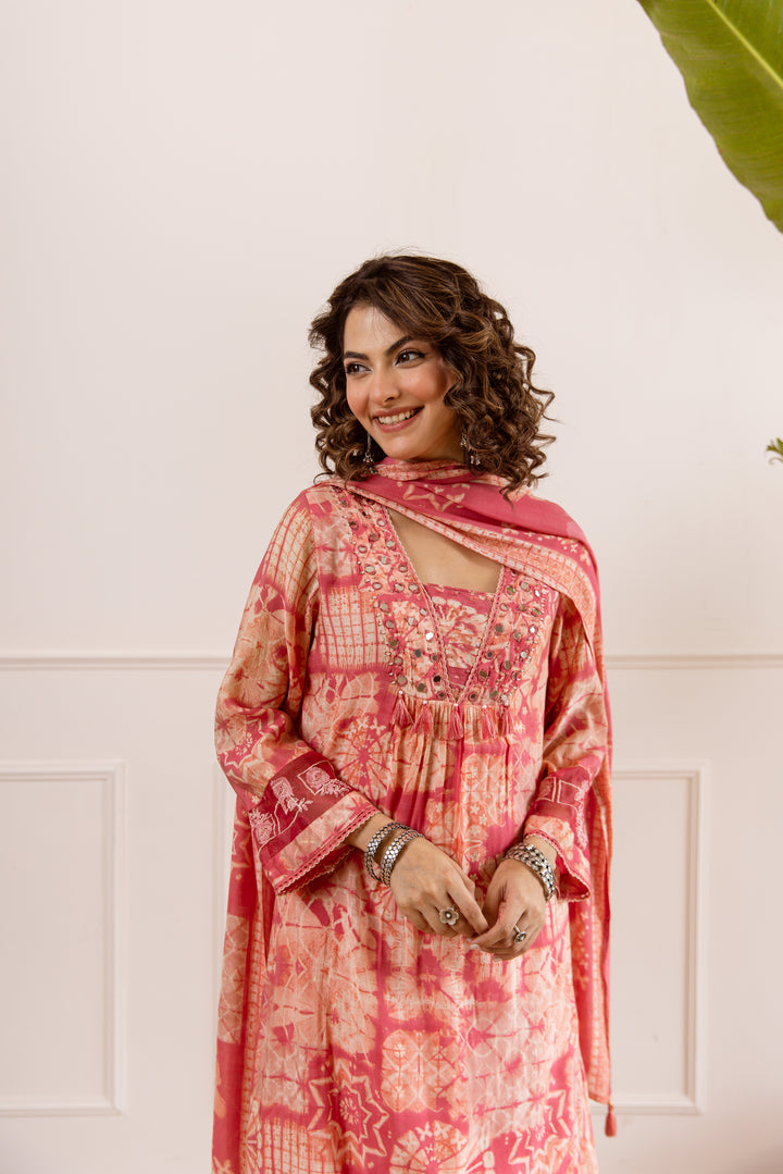 Nehamta Women's Peach Chanderi Cotton Kurta with Pant & Dupatta