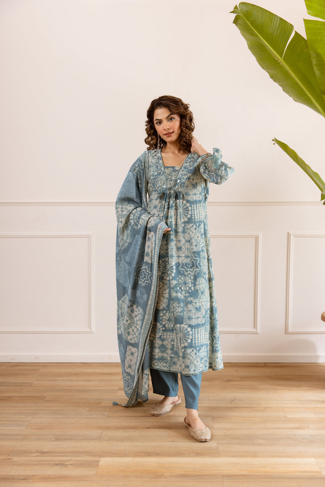 Nehamta Women's Teal Chanderi Cotton Kurta with Pant & Dupatta