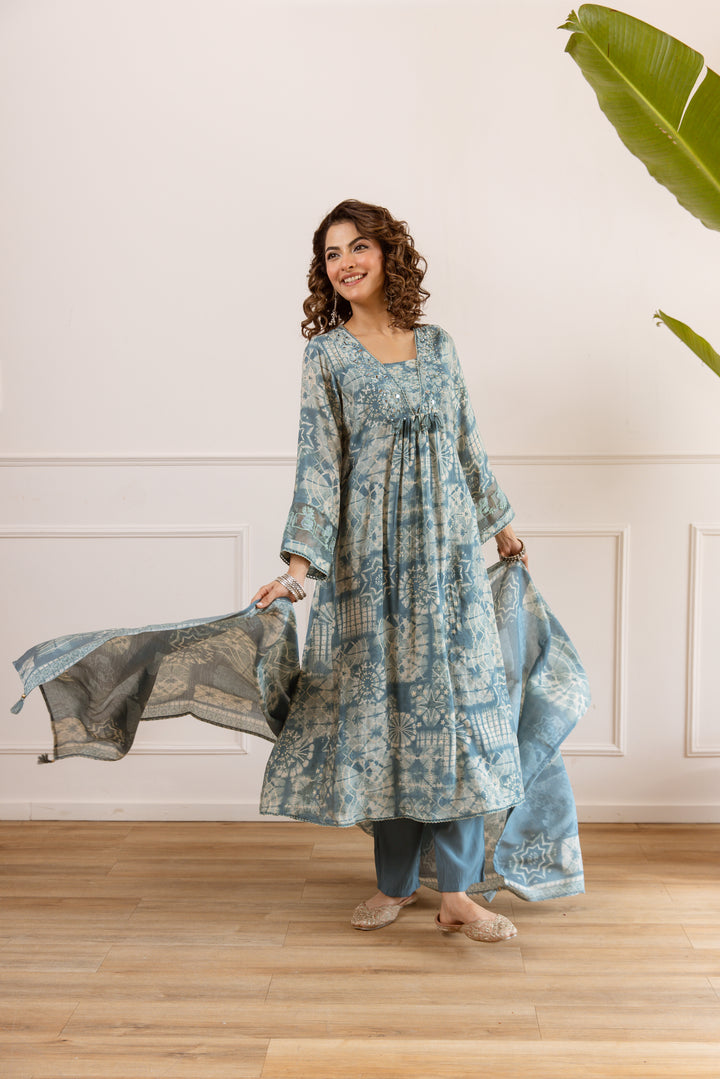 Nehamta Women's Teal Chanderi Cotton Kurta with Pant & Dupatta