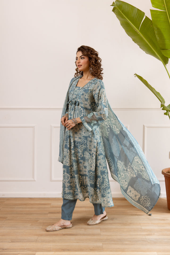 Nehamta Women's Teal Chanderi Cotton Kurta with Pant & Dupatta