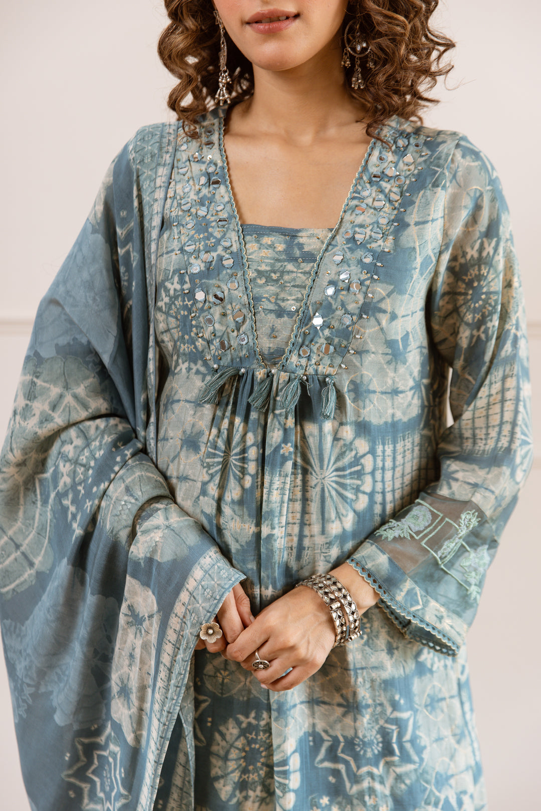 Nehamta Women's Teal Chanderi Cotton Kurta with Pant & Dupatta