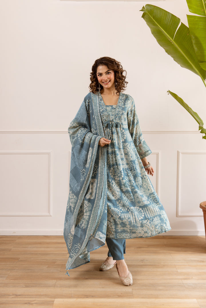 Nehamta Women's Teal Chanderi Cotton Kurta with Pant & Dupatta