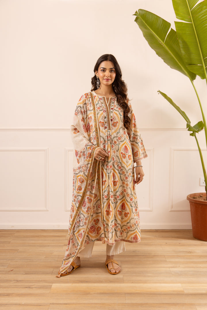 Nehamta Women's Off White Chanderi Cotton Kurta with Pant & Dupatta
