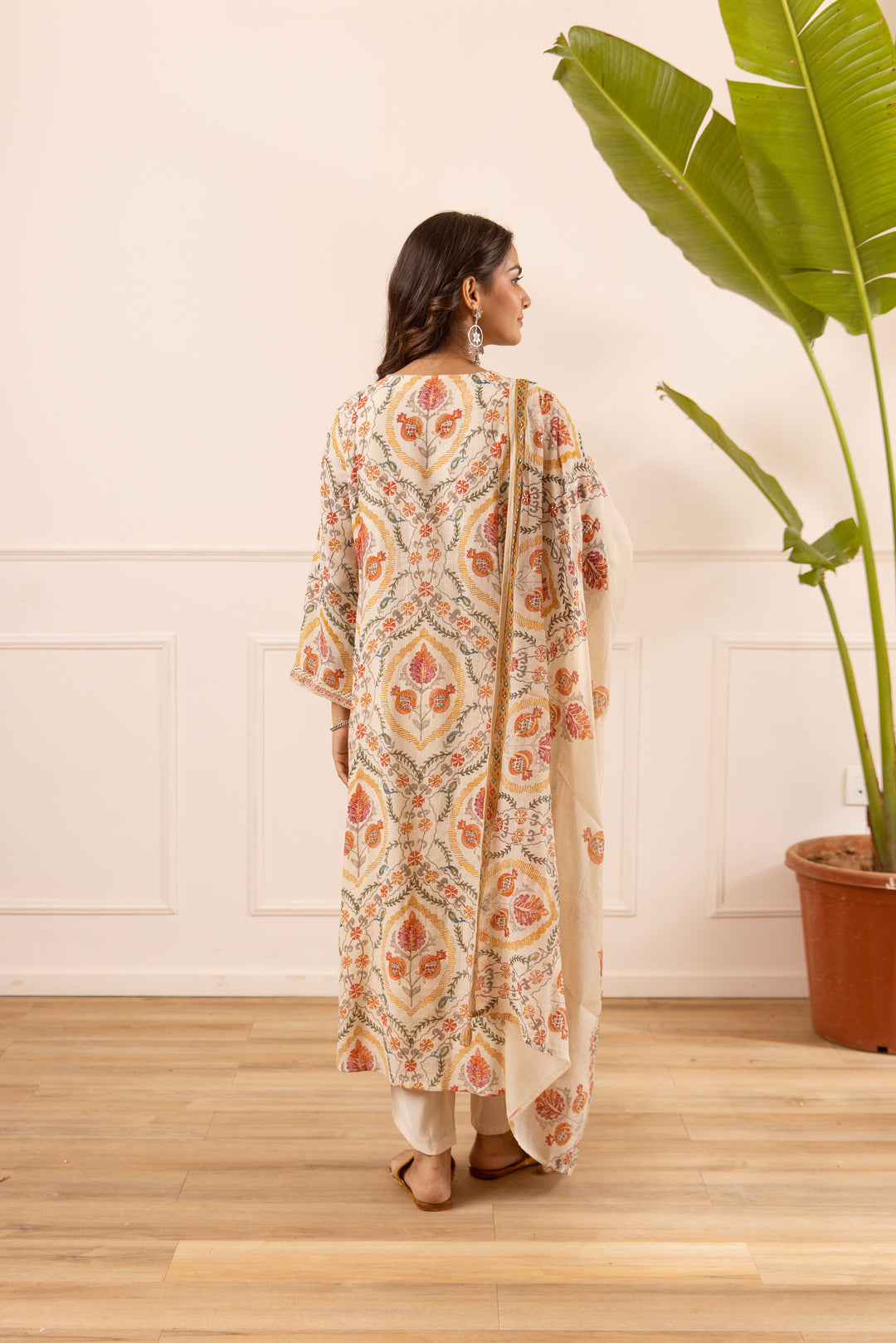 Nehamta Women's Off White Chanderi Cotton Kurta with Pant & Dupatta