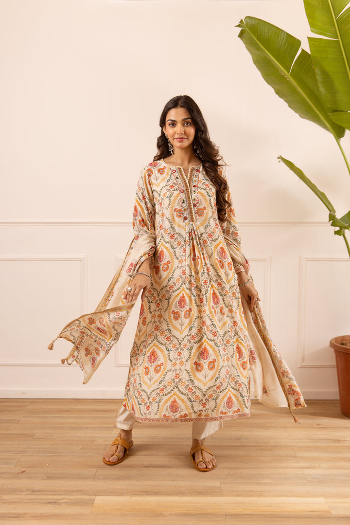 Nehamta Women's Off White Chanderi Cotton Kurta with Pant & Dupatta