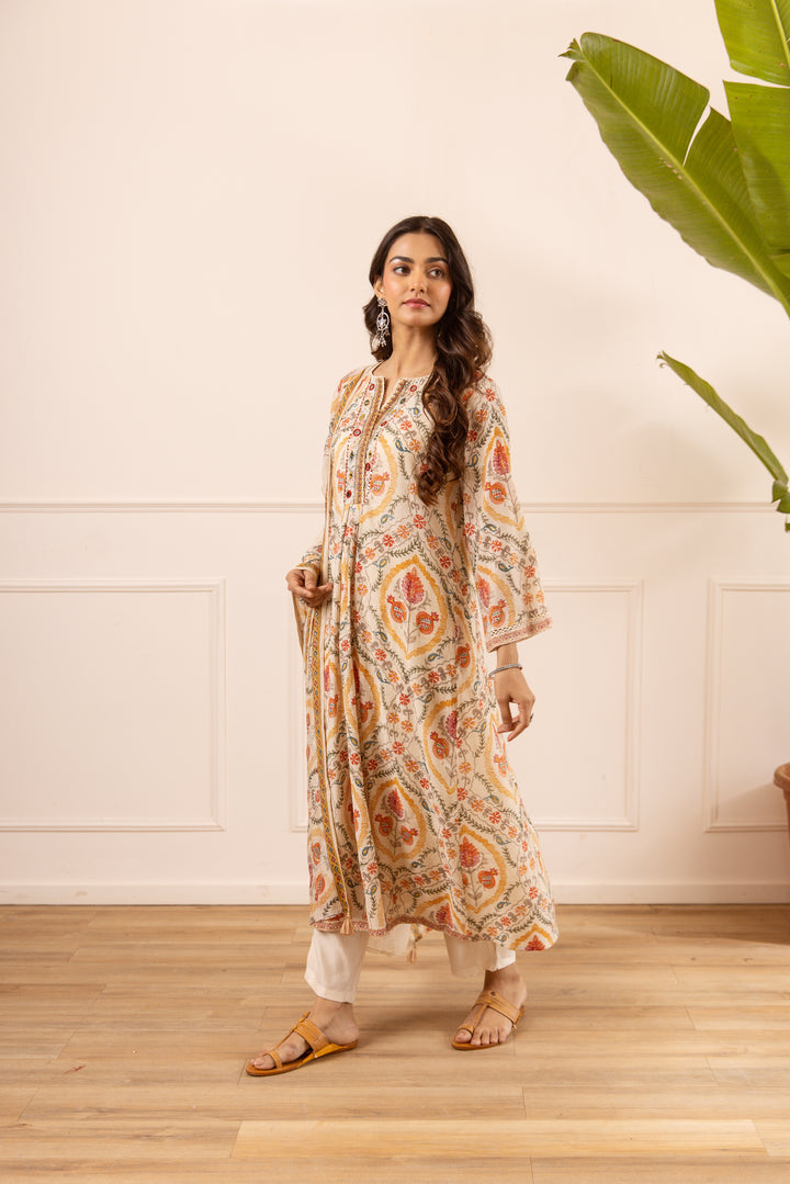 Nehamta Women's Off White Chanderi Cotton Kurta with Pant & Dupatta