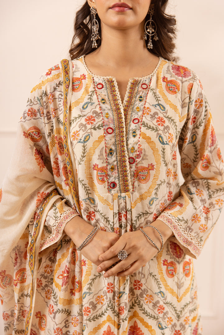 Nehamta Women's Off White Chanderi Cotton Kurta with Pant & Dupatta