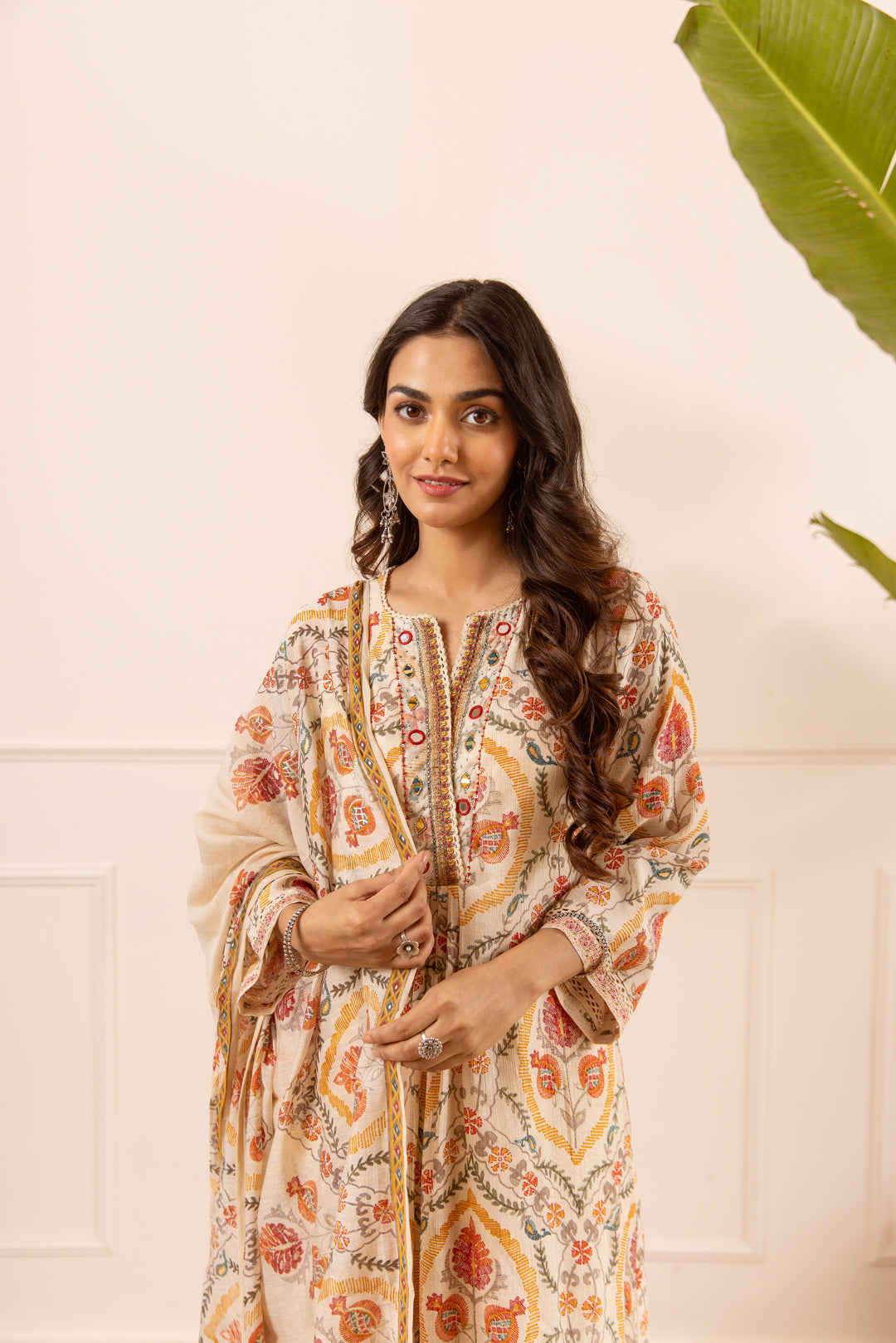 Nehamta Women's Off White Chanderi Cotton Kurta with Pant & Dupatta