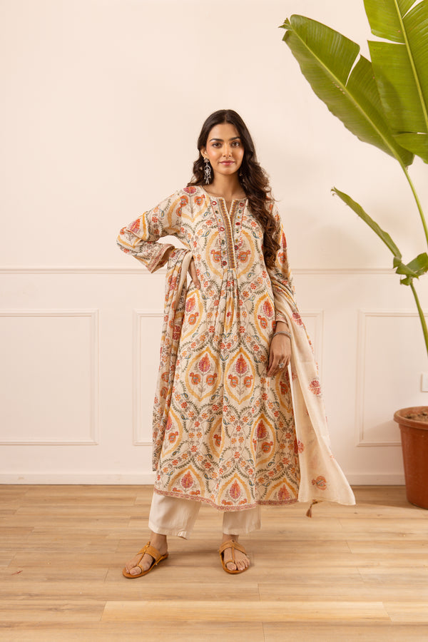 Nehamta Women's Off White Chanderi Cotton Kurta with Pant & Dupatta
