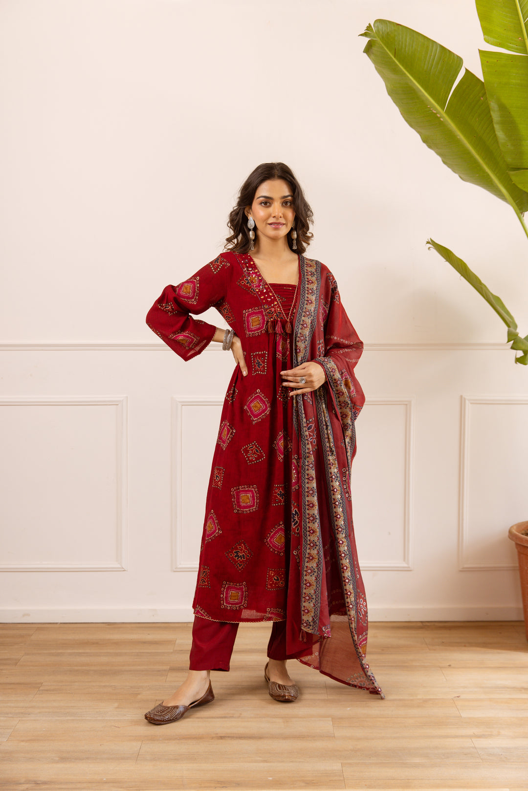 Nehamta Women's Maroon Chanderi Cotton Kurta with Pant & Dupatta