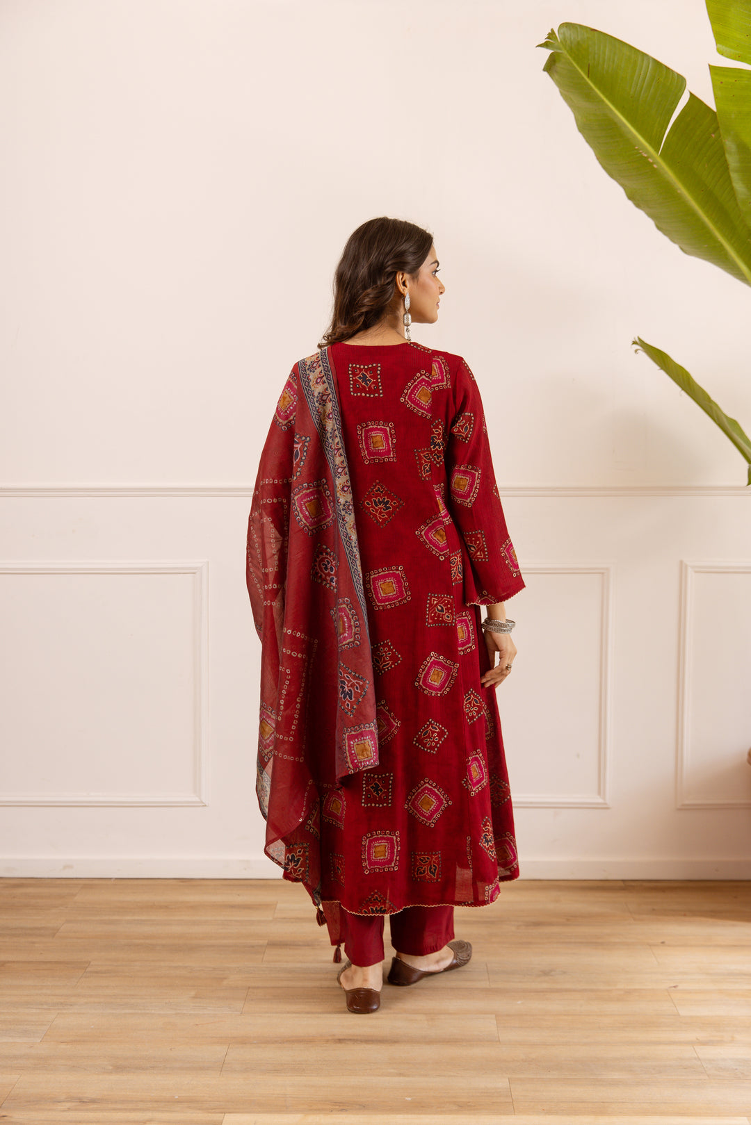 Nehamta Women's Maroon Chanderi Cotton Kurta with Pant & Dupatta