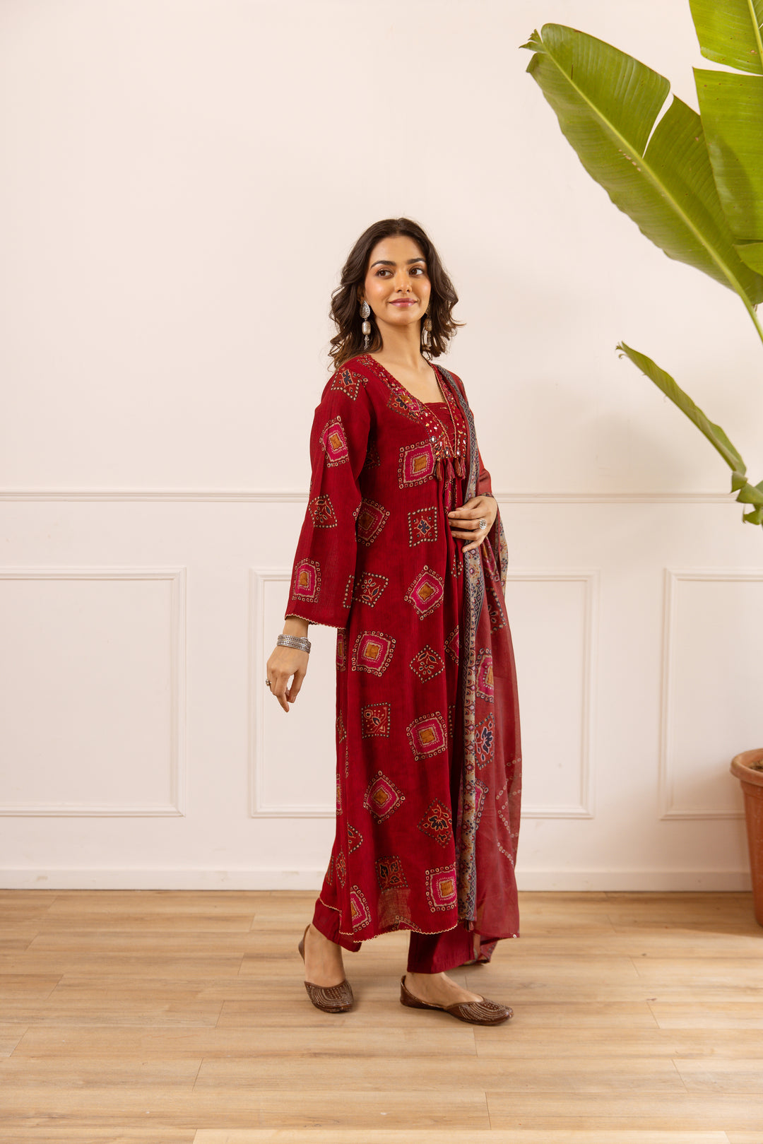 Nehamta Women's Maroon Chanderi Cotton Kurta with Pant & Dupatta