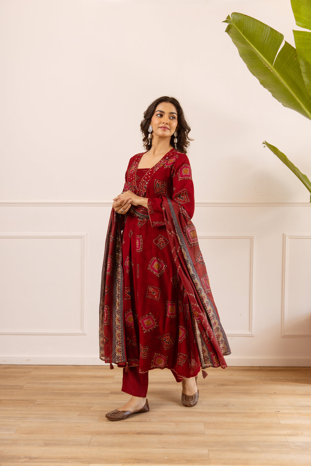 Nehamta Women's Maroon Chanderi Cotton Kurta with Pant & Dupatta