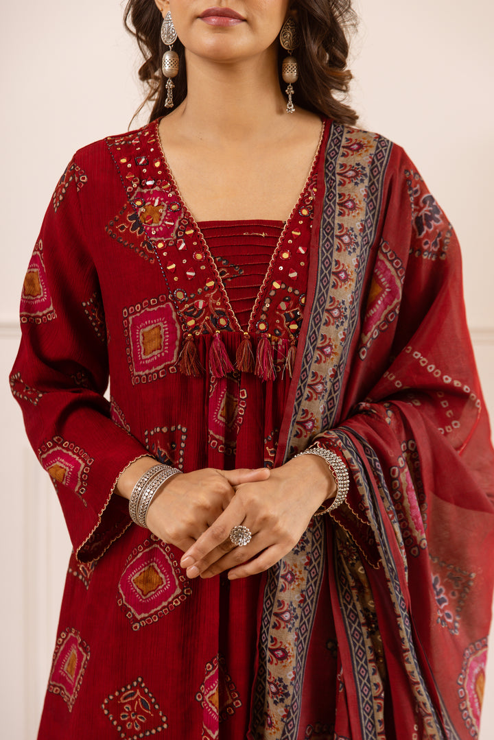 Nehamta Women's Maroon Chanderi Cotton Kurta with Pant & Dupatta