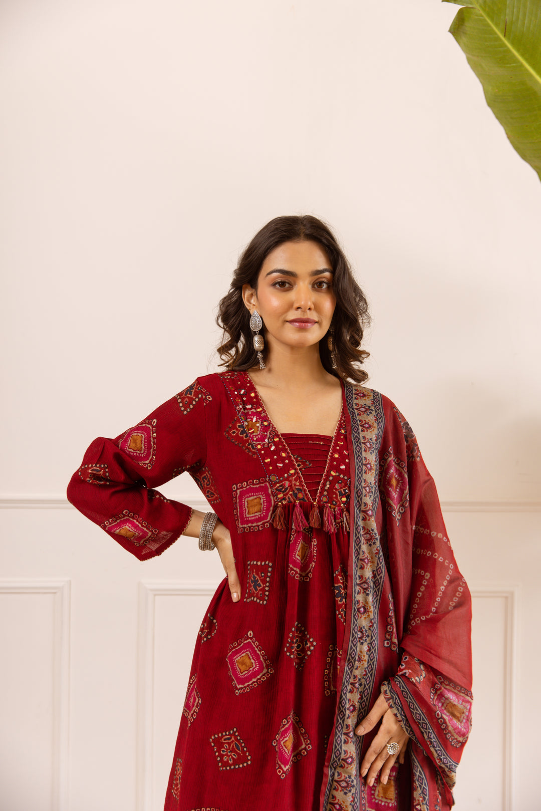 Nehamta Women's Maroon Chanderi Cotton Kurta with Pant & Dupatta