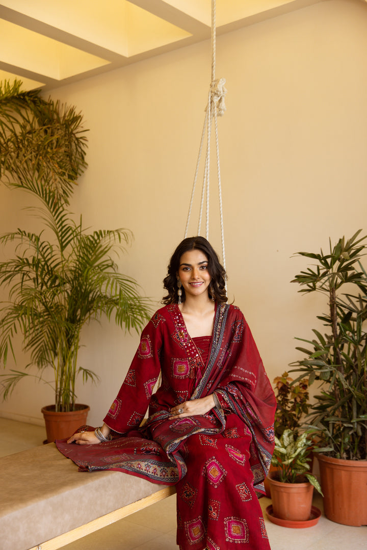 Nehamta Women's Maroon Chanderi Cotton Kurta with Pant & Dupatta