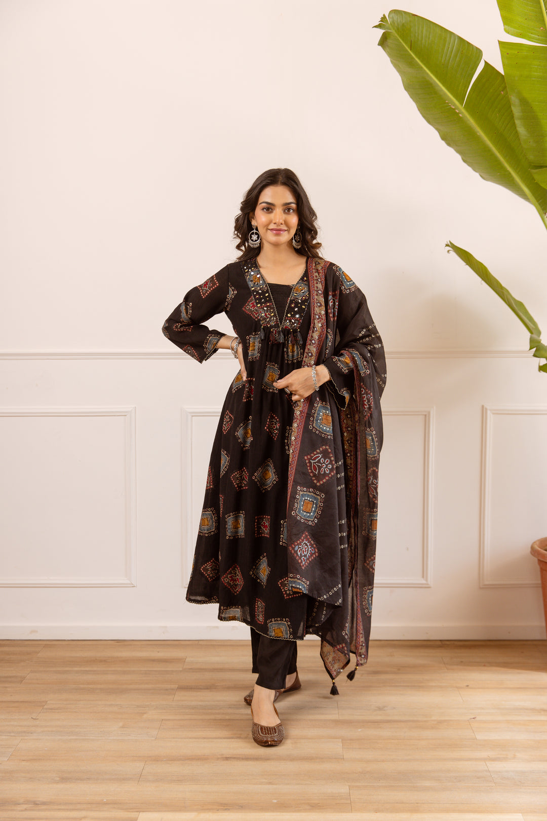 Nehamta Women's Black Chanderi Cotton Kurta with Pant & Dupatta