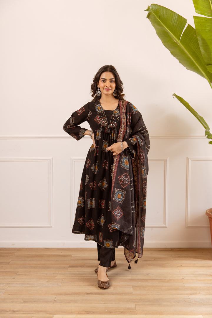 Nehamta Women's Black Chanderi Cotton Kurta with Pant & Dupatta
