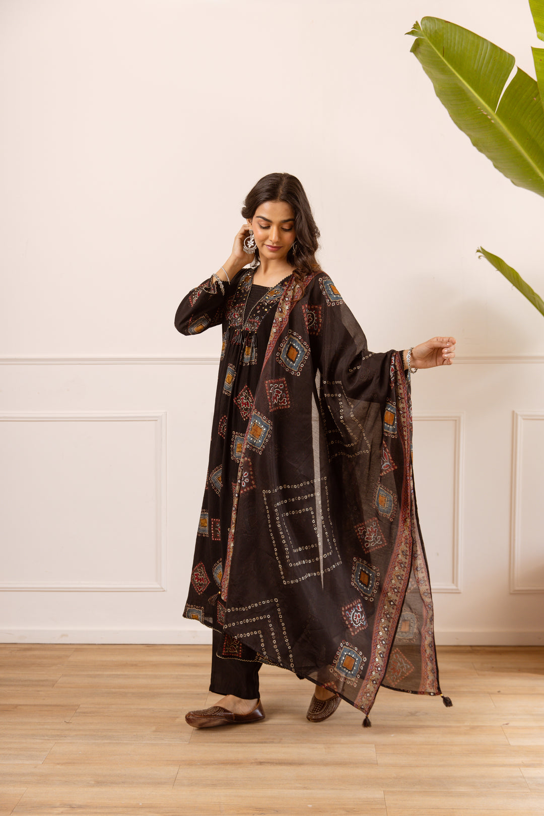 Nehamta Women's Black Chanderi Cotton Kurta with Pant & Dupatta