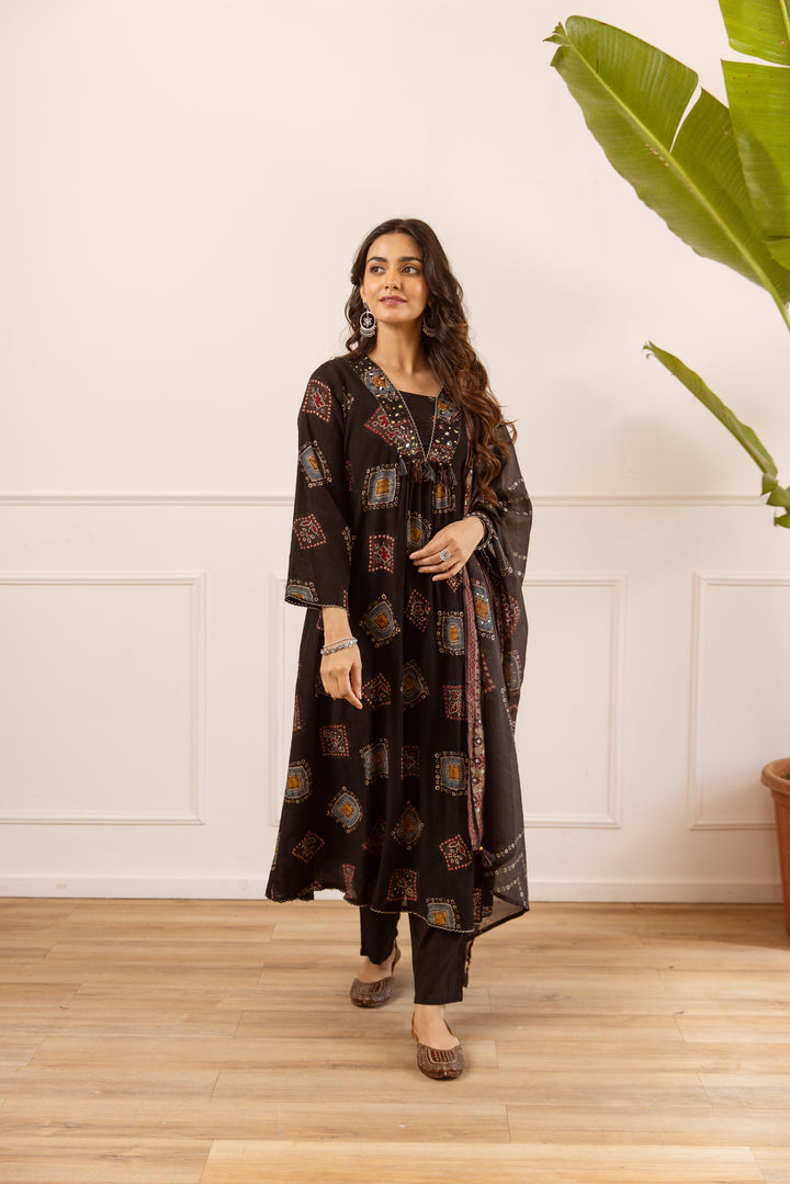Nehamta Women's Black Chanderi Cotton Kurta with Pant & Dupatta