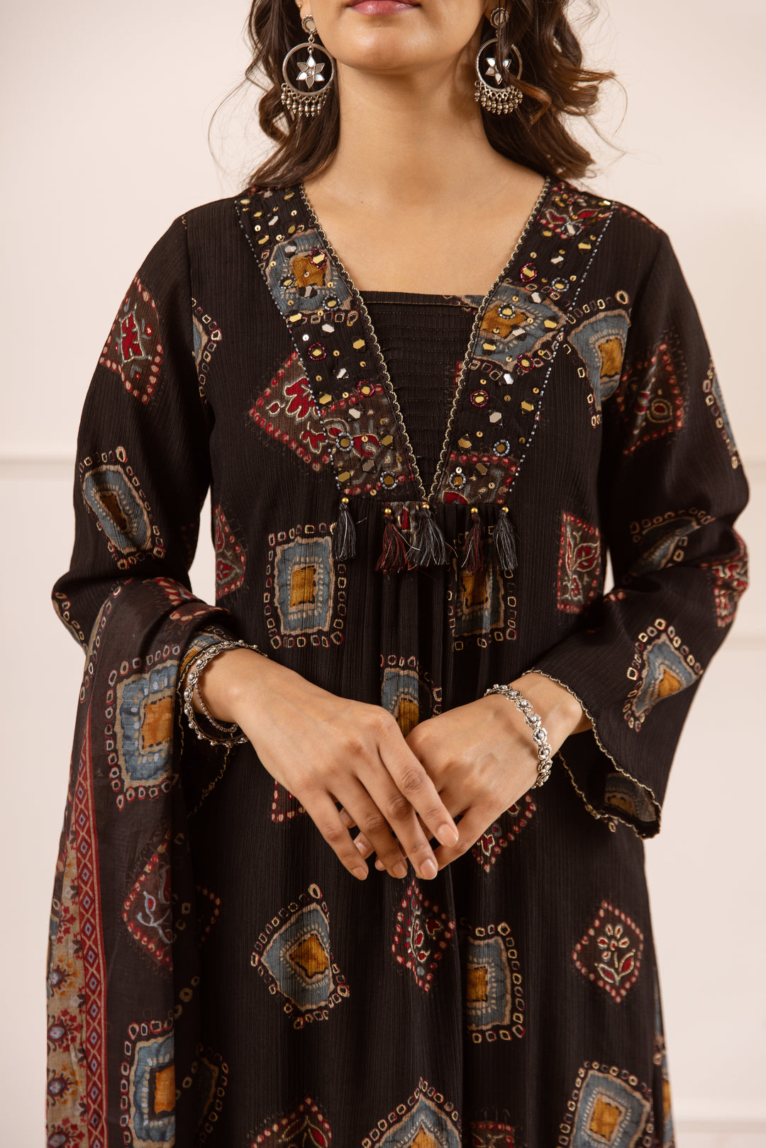 Nehamta Women's Black Chanderi Cotton Kurta with Pant & Dupatta