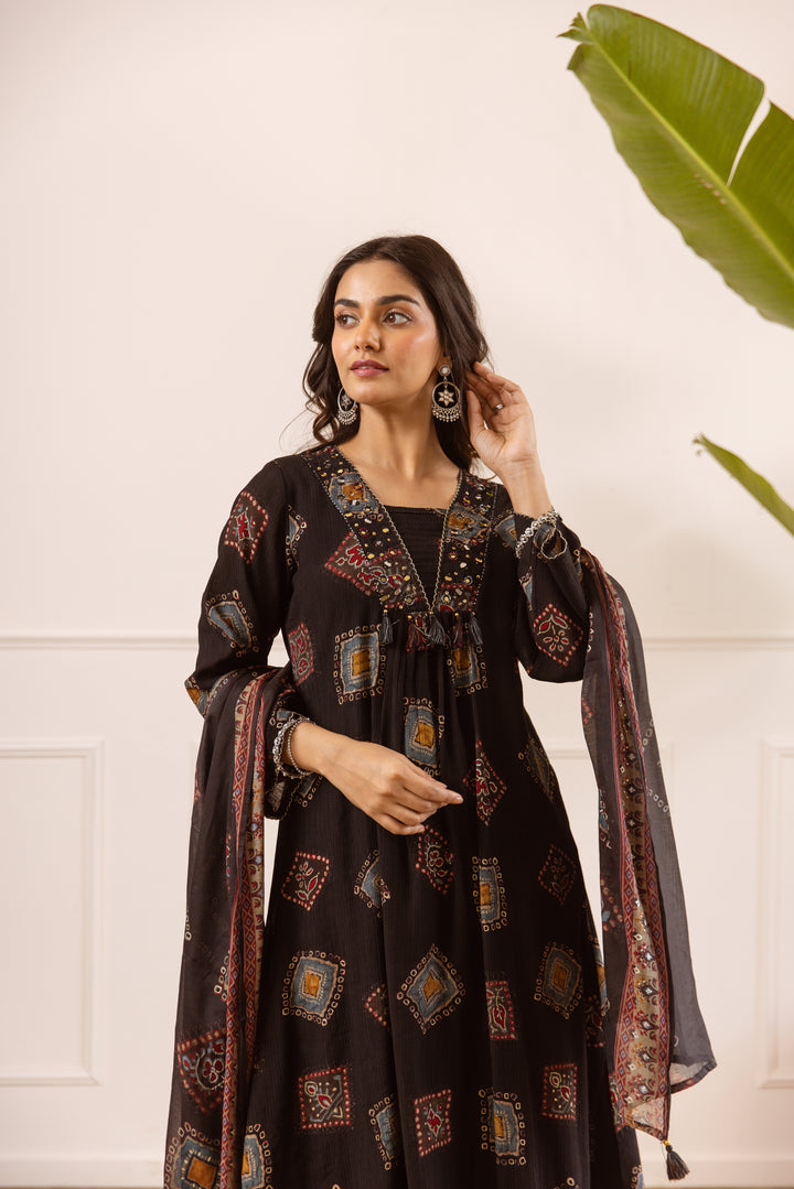 Nehamta Women's Black Chanderi Cotton Kurta with Pant & Dupatta