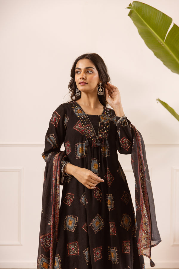 Nehamta Women's Black Chanderi Cotton Kurta with Pant & Dupatta