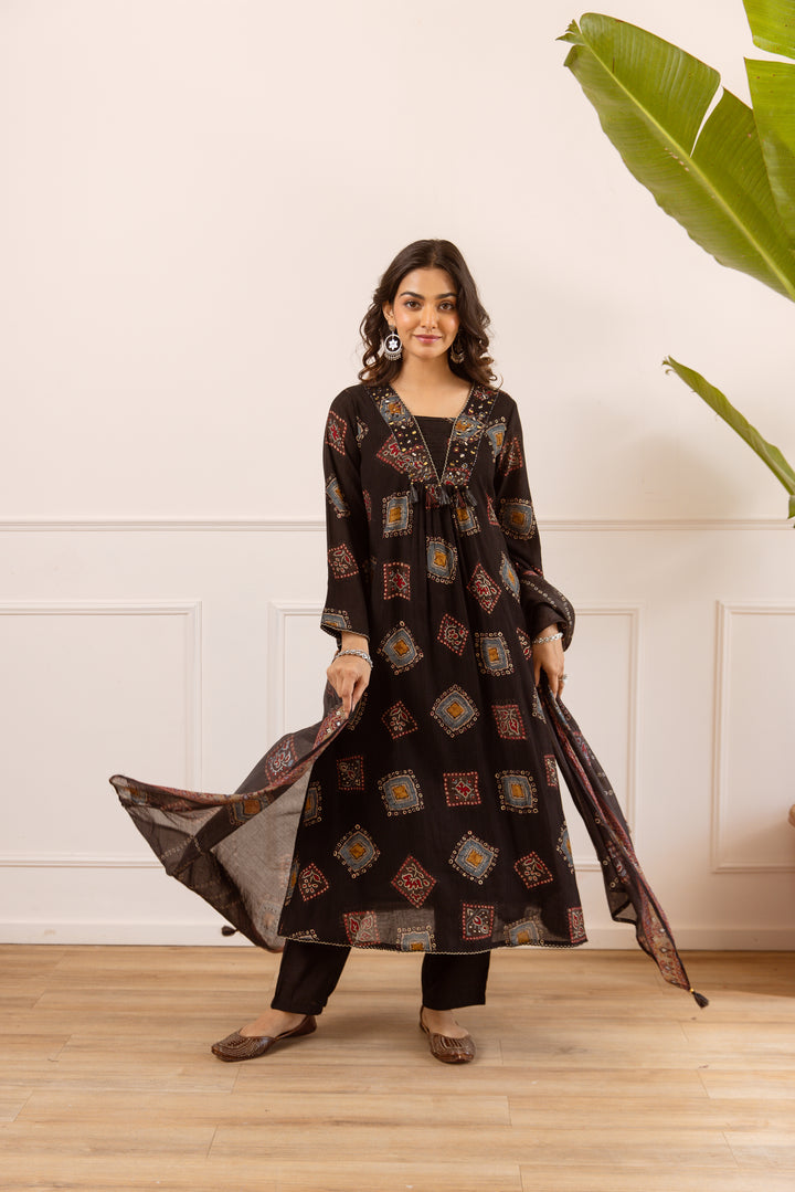 Nehamta Women's Black Chanderi Cotton Kurta with Pant & Dupatta