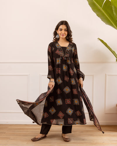 Nehamta Women's Black Chanderi Cotton Kurta with Pant & Dupatta