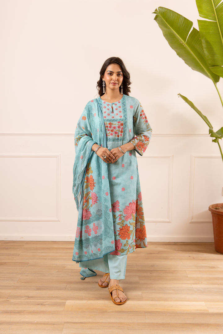 Nehamta Women's Blue Cotton Kurta with Palazzo & Dupatta