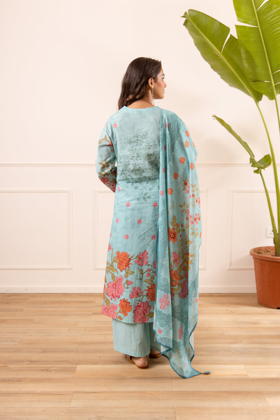 Nehamta Women's Blue Cotton Kurta with Palazzo & Dupatta