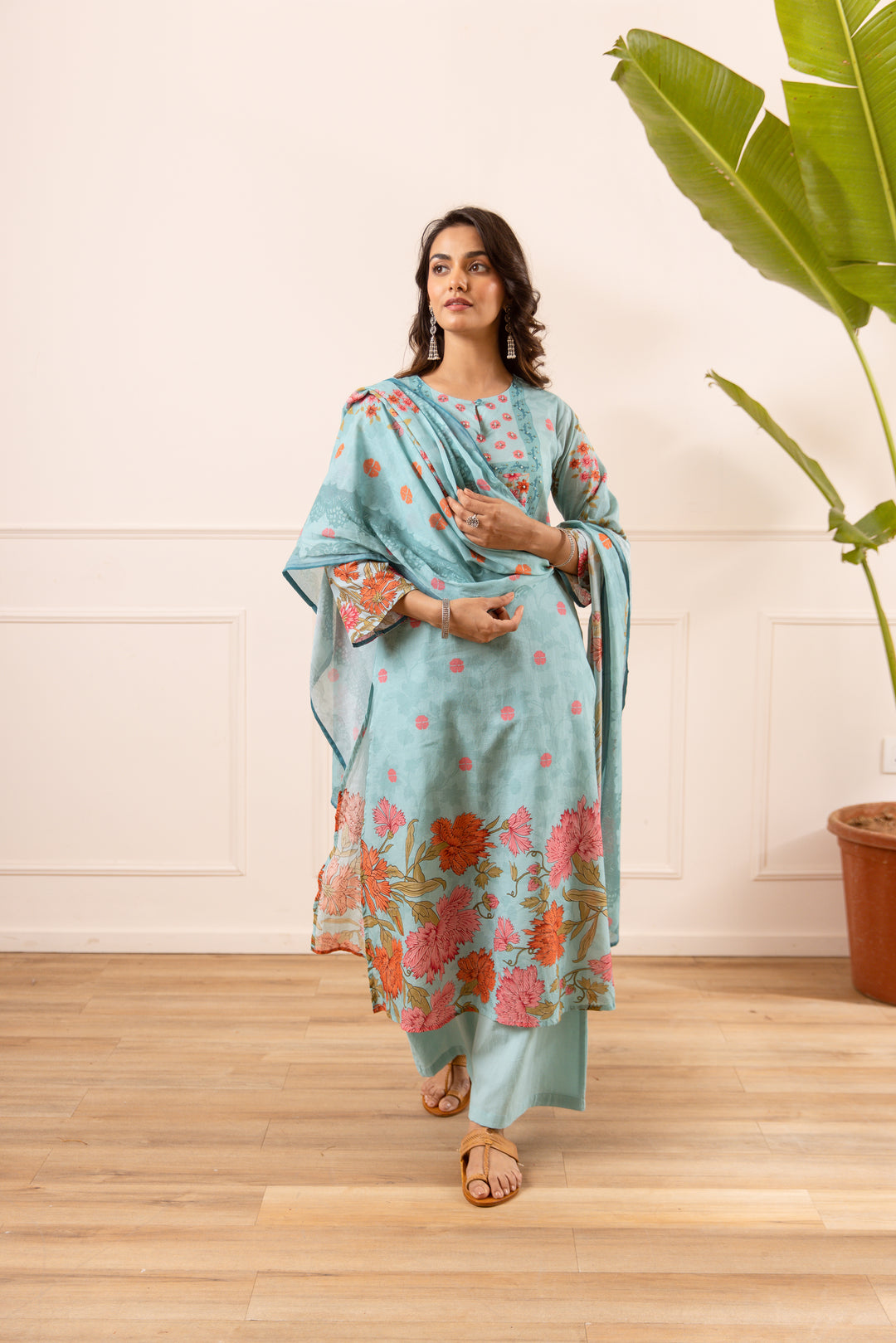Nehamta Women's Blue Cotton Kurta with Palazzo & Dupatta