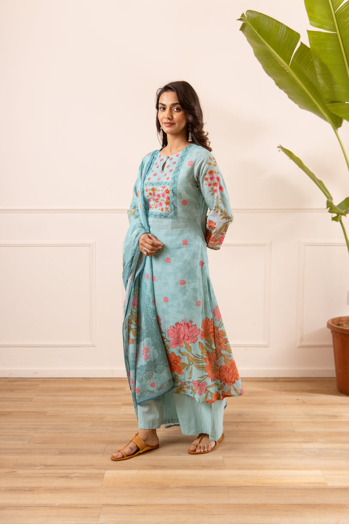 Nehamta Women's Blue Cotton Kurta with Palazzo & Dupatta