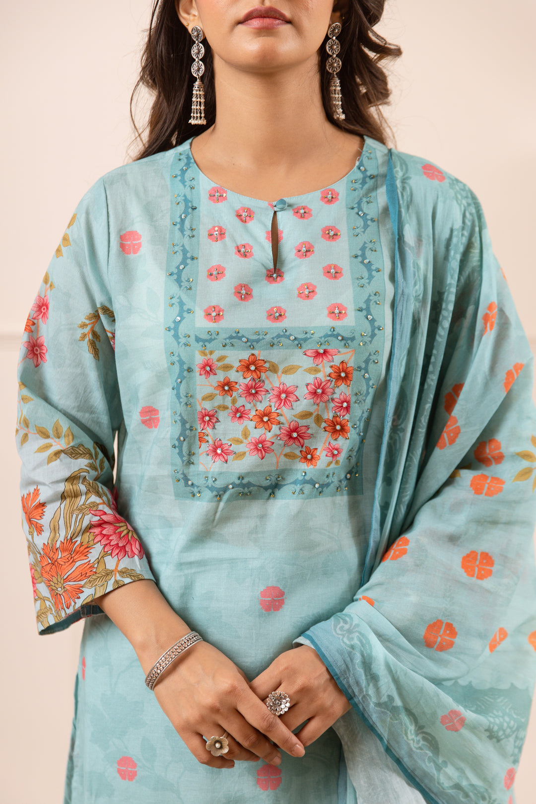 Nehamta Women's Blue Cotton Kurta with Palazzo & Dupatta