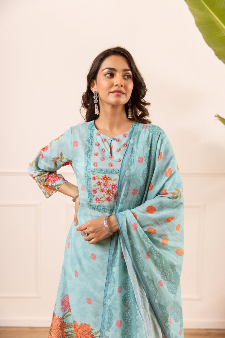 Nehamta Women's Blue Cotton Kurta with Palazzo & Dupatta