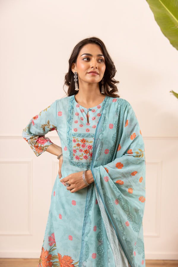 Nehamta Women's Blue Cotton Kurta with Palazzo & Dupatta