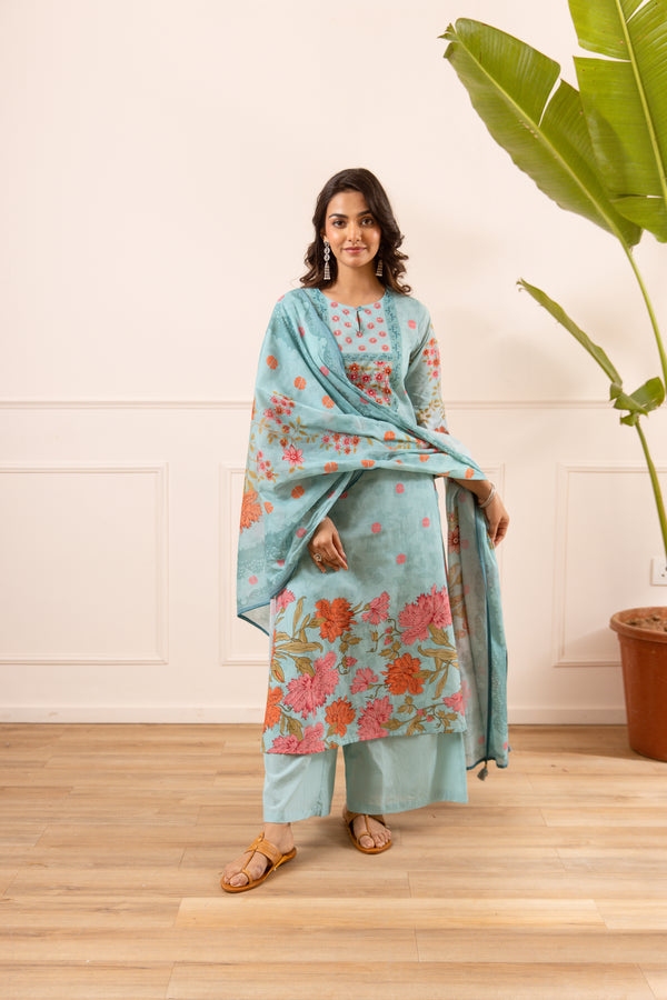 Nehamta Women's Blue Cotton Kurta with Palazzo & Dupatta