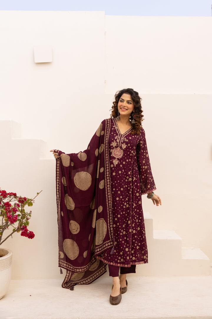Nehamta Women's Maroon Chanderi Cotton Kurta with Pant & Dupatta