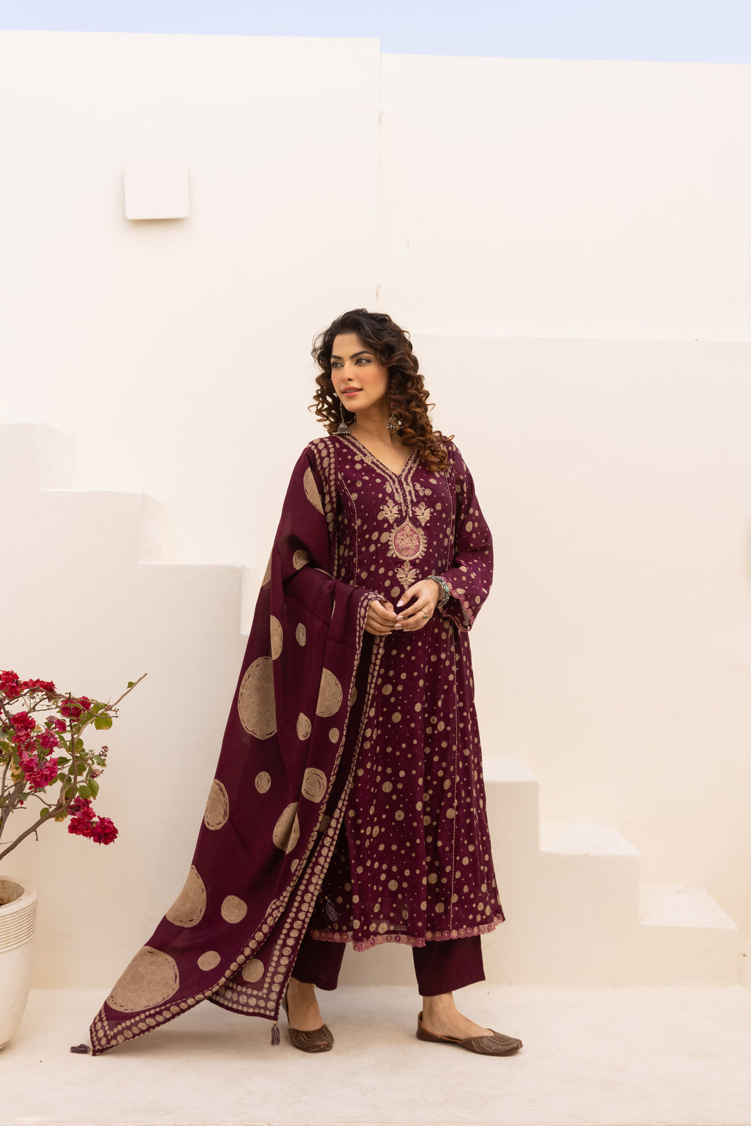 Nehamta Women's Maroon Chanderi Cotton Kurta with Pant & Dupatta
