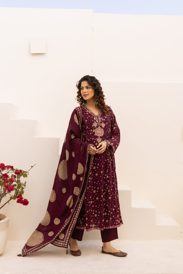 Nehamta Women's Maroon Chanderi Cotton Kurta with Pant & Dupatta
