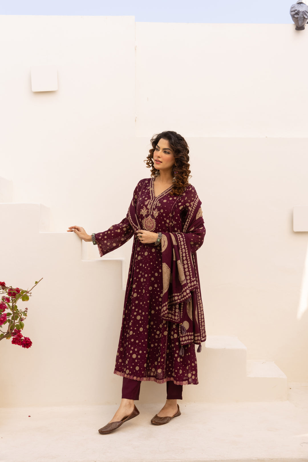 Nehamta Women's Maroon Chanderi Cotton Kurta with Pant & Dupatta