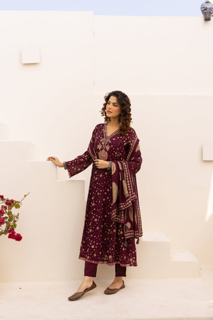 Nehamta Women's Maroon Chanderi Cotton Kurta with Pant & Dupatta