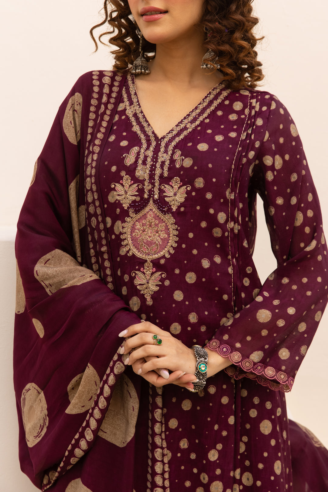 Nehamta Women's Maroon Chanderi Cotton Kurta with Pant & Dupatta
