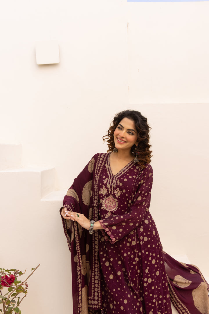 Nehamta Women's Maroon Chanderi Cotton Kurta with Pant & Dupatta