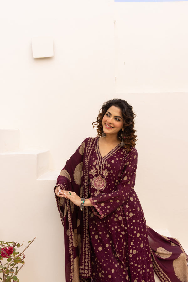 Nehamta Women's Maroon Chanderi Cotton Kurta with Pant & Dupatta