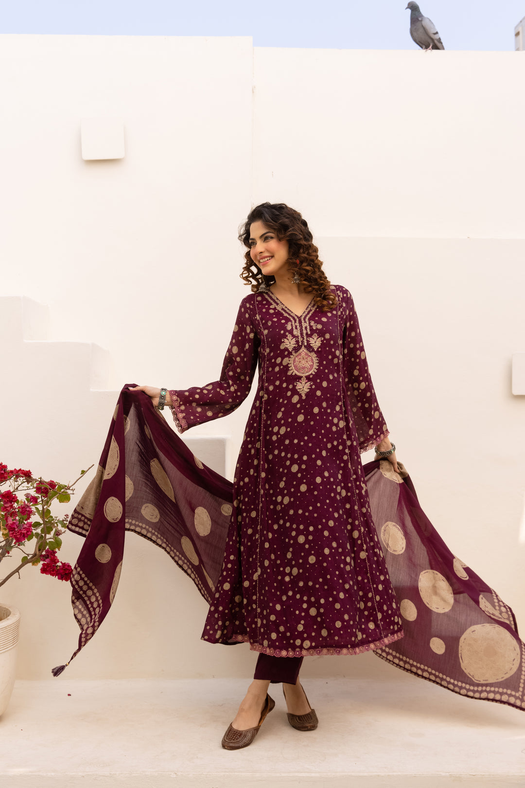 Nehamta Women's Maroon Chanderi Cotton Kurta with Pant & Dupatta