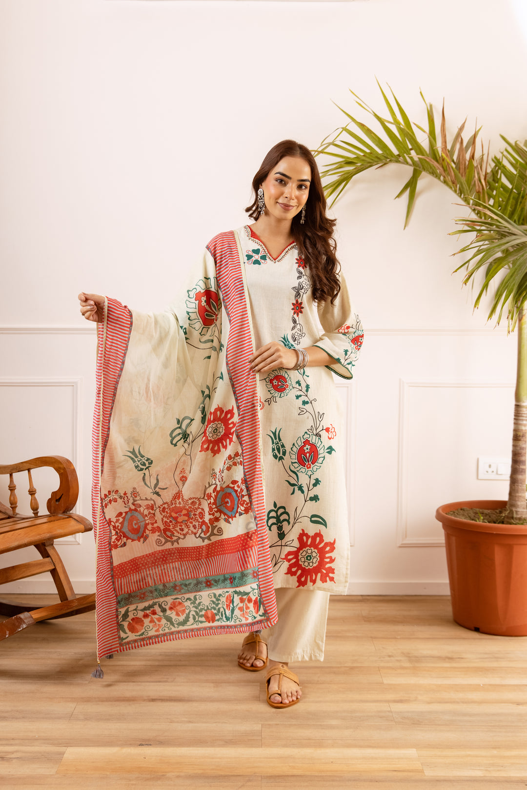 Nehamta Women's White Linen Kurta with Pant & Dupatta