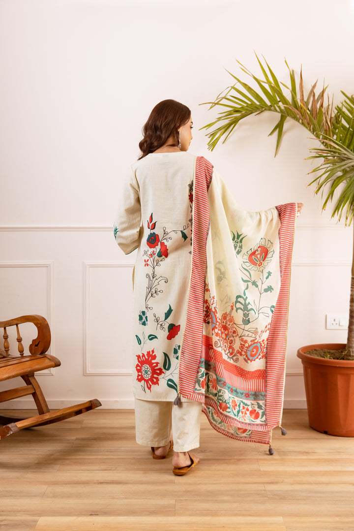 Nehamta Women's White Linen Kurta with Pant & Dupatta