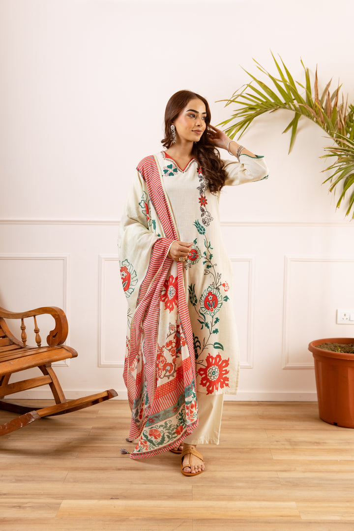 Nehamta Women's White Linen Kurta with Pant & Dupatta