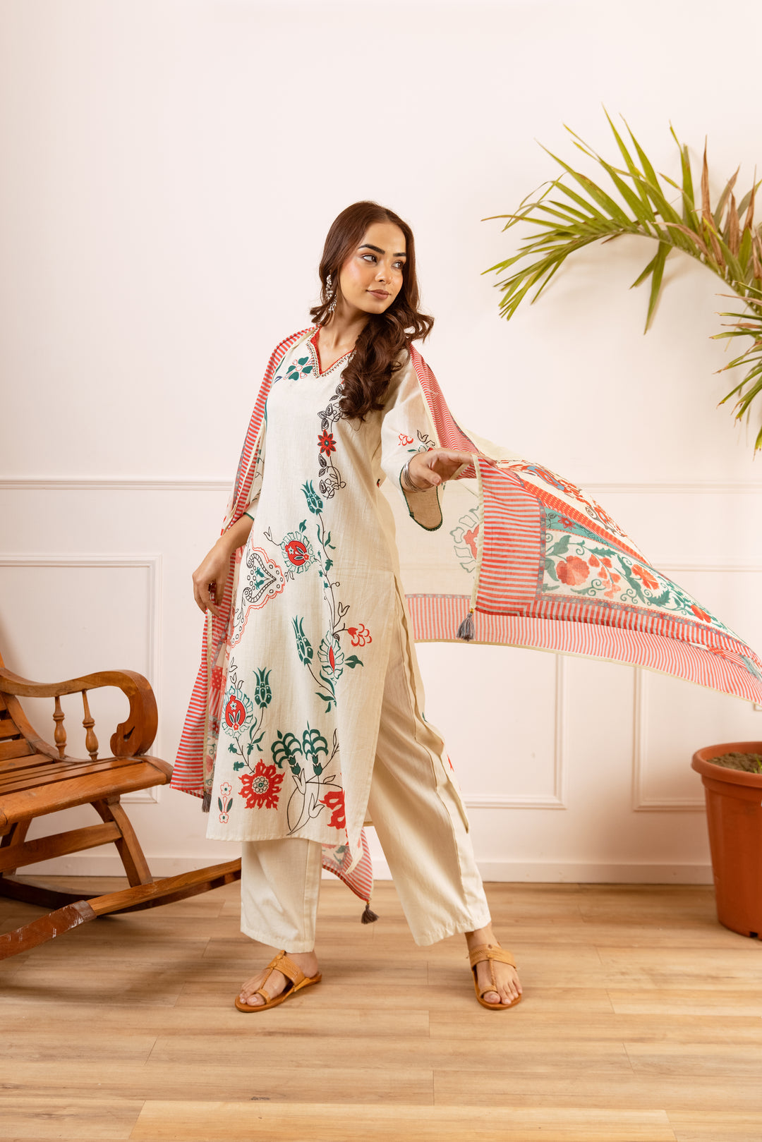 Nehamta Women's White Linen Kurta with Pant & Dupatta